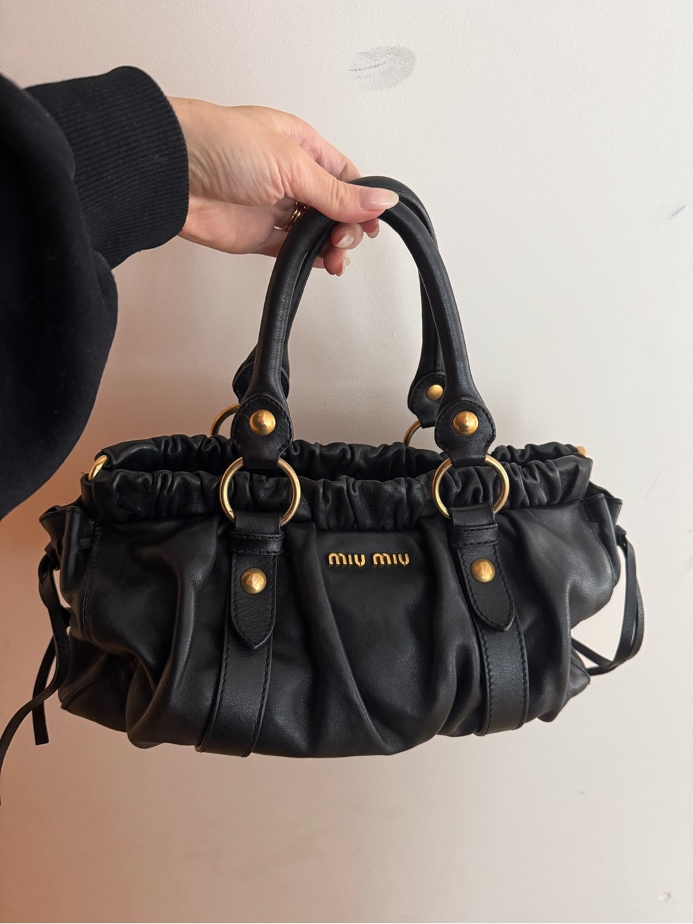Miu Miu Vitello Lux Black Leather Ruched Satchel Tote Gold Hardware